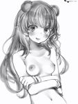  1girl :d blush breasts copyright_request crossed_arms eyebrows_visible_through_hair greyscale highres long_hair looking_at_viewer medium_breasts monochrome nanashi_(nlo74593630) navel nipples open_mouth simple_background smile solo sweat upper_body white_background wristband 