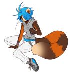  2020 5_fingers ailurid anthro beverage biped black_claws blue_eyes blue_hair bottomwear bracelet brown_body brown_fur brown_tail claws clothed clothing digital_media_(artwork) dipstick_tail ear_piercing eyelashes female fingers fluffy fluffy_tail footwear fully_clothed fur hair hi_res holding_beverage holding_object jewelry long_tail mammal multicolored_body multicolored_ears multicolored_fur multicolored_tail orange_body orange_ears orange_fur orange_tail pants piercing red_panda ringtail shoes short_hair simple_background sitting sleeveless_shirt smile tan_body tan_ears tan_fur toki_(zkelle) white_background white_tail zkelle 