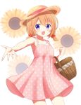  1girl :d basket dress eyebrows_visible_through_hair flower furutori gochuumon_wa_usagi_desu_ka? hair_ornament hat highres hoto_cocoa open_mouth orange_hair purple_eyes short_hair smile solo sun_hat sundress sunflower 