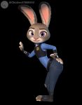  3d_(artwork) anthro butt chickenass clothed clothing digital_media_(artwork) disney female fur hi_res judy_hopps lagomorph leporid looking_at_viewer mammal multicolored_ears police_uniform purple_eyes rabbit simple_background solo uniform zootopia 