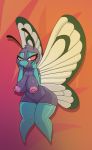  5_fingers abstract_background antennae_(anatomy) anthro arthropod breasts butterfree clothing female fingers genitals gloves handwear hi_res iguanasarecool insect legwear nintendo nipples pink_eyes pok&eacute;mon pok&eacute;mon_(species) purple_body pussy stockings thick_thighs video_games wide_hips wings 