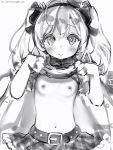  1girl :&gt; belt blush bow bowtie breasts cowboy_shot greyscale hairband highres long_hair looking_at_viewer monochrome nanashi_(nlo74593630) navel nipples nude original shirt_lift simple_background small_breasts smile solo white_background 