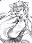  1girl :d animal_ears belt_collar blush breasts cat_ears collar copyright_request eyebrows_visible_through_hair fang greyscale hair_ornament hand_up highres long_hair looking_at_viewer monochrome nanashi_(nlo74593630) navel nipples one_eye_closed open_mouth pleated_skirt simple_background skin_fang skirt small_breasts smile solo white_background 