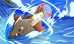  absurdres barraskewda blue_sky cloud cloudy_sky commentary deviantart_username english_commentary fangs fish gen_8_pokemon harlequinwaffles highres jumping no_humans ocean outdoors pokemon pokemon_(creature) signature sky smile speed_lines tree water watermark web_address 