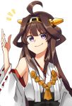  1girl ahoge brown_hair detached_sleeves double_bun hairband headgear highres japanese_clothes kantai_collection katsuobushi_(eba_games) kongou_(kantai_collection) long_hair looking_at_viewer purple_eyes ribbon-trimmed_sleeves ribbon_trim simple_background solo upper_body white_background 