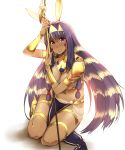  accessory animal_humanoid armlet blonde_hair clothing egyptian fate_(series) footwear gold_(metal) gold_jewelry hair hair_accessory hairband hi_res high_heels holding_object holding_staff humanoid jewelry kneeling lagomorph lagomorph_humanoid leporid_humanoid loincloth long_hair mammal mammal_humanoid midriff multicolored_hair navel nitocris_(fate/grand_order) purple_hair rabbit_humanoid shoes simple_background solo staff striped_hair tan_body tan_skin tokiwa_midori two_tone_hair white_background 