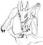  ambiguous_gender anthro anus black_claws claws feet flexible horn long_tongue looking_at_viewer monster presenting sharp_teeth solo synx teeth tongue yamagah 