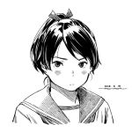  1girl blush character_request check_copyright closed_mouth copyright_request dated greyscale horikou kantai_collection looking_at_viewer monochrome school_uniform serafuku shikinami_(kantai_collection) shirt short_hair signature simple_background solo white_background 
