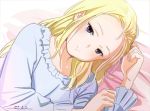  1girl blonde_hair character_request dated facial_mark forehead_mark girls_und_panzer horikou long_hair looking_at_viewer lying nightgown on_side purple_eyes signature smile solo 