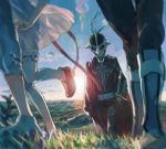  1girl 3boys boots cape drawr grass judas_(tales) kyle_dunamis lens_flare loni_dunamis mask multiple_boys nature nishihara_isao out_of_frame outdoors pants reala scenery see-through_silhouette short_hair sun sword tales_of_(series) tales_of_destiny_2 thighhighs weapon wind wind_lift 