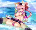 1girl animal_ear_fluff animal_ears belt between_fingers bikini black_headwear breasts commentary commentary_request cosplay craft_essence fate/grand_order fate_(series) florence_nightingale_(fate/grand_order) florence_nightingale_(fate/grand_order)_(cosplay) fox_ears fox_girl fox_tail gloves green_bikini green_gloves green_legwear hair_ribbon halloween hat highres holding holding_syringe large_breasts layered_bikini long_hair looking_at_viewer mezashi_gohan microskirt nurse_cap partially_submerged pink_belt pink_hair ponytail purple_belt purple_bikini purple_headwear red_ribbon revealing_clothes ribbon rubber_gloves shrug_(clothing) side-tie_bikini skirt solo spread_legs swimsuit syringe tail tamamo_(fate)_(all) tamamo_no_mae_(fate) thighhighs_under_boots trick_or_treatment yellow_eyes 