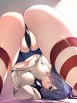  1girl ass bangs black_panties blue_eyes blue_skirt blush breasts closed_mouth commentary_request cosplay from_below g-string hair_ornament hair_over_one_eye hairclip hamakaze_(kantai_collection) highres jacket kantai_collection midriff midriff_peek navel panties partially_visible_vulva pleated_skirt revealing_clothes shimakaze_(kantai_collection) shimakaze_(kantai_collection)_(cosplay) shirt silver_hair skirt striped striped_legwear sweat thighhighs thighs thong torisan underwear upside-down white_jacket white_shirt 