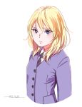  1girl blonde_hair character_request closed_mouth collared_shirt dated girls_und_panzer highres horikou jacket long_sleeves looking_at_viewer medium_hair necktie purple_eyes purple_jacket serious shirt signature simple_background solo striped striped_neckwear white_background white_shirt wing_collar 