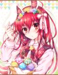  1girl animal_ears bangs basket blush bunny_ears closed_mouth collared_shirt dress_shirt easter_egg egg eyebrows_visible_through_hair fake_animal_ears frown hair_between_eyes hairband holding holding_basket long_hair long_sleeves looking_at_viewer red_eyes red_hair shakugan_no_shana shana shiny shiny_hair shirt solo tachitsu_teto upper_body white_shirt wing_collar yellow_hairband 