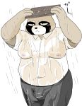  2020 anthro belly bonedra bottomwear bulge canid canine clothing hi_res kemono male mammal moobs outside overweight overweight_anthro overweight_male pants raccoon_dog raining shirt solo tanuki topwear wet 