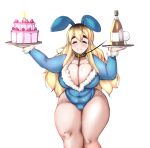  1girl alcohol animal_ears blue_leotard breasts bunny_ears bunny_girl bunnysuit cake champagne_bottle cleavage closed_eyes collar dog_collar fake_animal_ears fat_mons food fur_trim highres k-on! keigi kotobuki_tsumugi large_breasts leash leotard long_hair long_sleeves muffin_top plump plunging_neckline solo thick_eyebrows thick_thighs thighs tray 