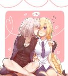  !! 2girls black_bow black_dress blonde_hair blue_coat blue_neckwear blue_shorts bow braid braided_ponytail breasts cheek_kiss cleavage coat collared_shirt dress fate/grand_order fate_(series) fur-trimmed_coat fur_trim hair_bow heart indian_style jeanne_d&#039;arc_(alter)_(fate) jeanne_d&#039;arc_(fate) jeanne_d&#039;arc_(fate)_(all) jewelry kiss kneeling long_hair low-tied_long_hair medium_breasts multiple_girls necklace necktie open_clothes open_coat pink_background ponytail shiny shiny_hair shirt short_dress short_shorts shorts sitting sleeveless sleeveless_shirt speech_bubble very_long_hair white_background white_shirt wing_collar yukari_(bryleluansing) yuri 