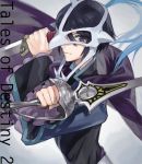  1boy black_hair cape copyright_name drawr dual_wielding holding holding_sword holding_weapon judas_(tales) male_focus mask nishihara_isao purple_eyes short_hair smile solo sword tales_of_(series) tales_of_destiny_2 weapon 