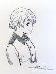  1girl braid braided_bun closed_mouth darjeeling_(girls_und_panzer) dated from_side girls_und_panzer greyscale hair_bun highres horikou jacket looking_at_viewer military military_uniform monochrome scan signature simple_background smile solo st._gloriana&#039;s_military_uniform uniform white_background 