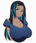  1girl aqua_eyes black_hair blue_hair blue_shirt breasts collarbone commentary copyright_request cropped_torso highres large_breasts long_hair menoo_(meno1921) multicolored_hair shirt short_sleeves simple_background smile solo streaked_hair twitter_username two-tone_hair upper_body white_background 