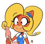  2019 activision anthro bandicoot blonde_hair blue_clothing clothed clothing coco_bandicoot crash_bandicoot_(series) disembodied_penis duo erection female genitals hair handjob hi_res humanoid_genitalia humanoid_penis joshin looking_at_penis male male/female mammal marsupial orange_body overalls penile penis penis_grab sex simple_background smile toony vein veiny_penis video_games white_background 