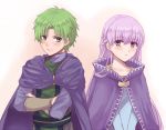  1boy 1girl blush cape closed_mouth collarbone couple crossed_arms fire_emblem fire_emblem:_the_binding_blade green_eyes green_hair grey_sleeves hair_intakes long_hair long_sleeves purple_cape purple_eyes purple_hair raigh_(fire_emblem) shiny shiny_hair simple_background sophia_(fire_emblem) very_long_hair white_background wspread 