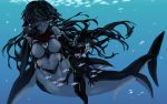  1boy 1girl air_bubble bangs bare_shoulders black_hair black_sclera blue_skin breasts bubble fish full_body giantess gills hair_between_eyes head_fins highres light_smile long_hair looking_at_another medium_breasts mermaid mershark_(monster_girl_encyclopedia) midriff monster_girl monster_girl_encyclopedia navel reaching_out red_eyes scuba_gear shark_girl size_difference underwater webbed_hands zakirsiz 