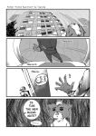  2020 4koma 5_fingers aniapt_(manga) anthro black_nose bodily_fluids cheek_tuft clothed clothing comic cute_fangs detailed_background digital_media_(artwork) door english_text facial_tuft fingers fisheye_lens fluffy fluffy_tail forced_smile greyscale hair hi_res inner_ear_fluff male mammal manga mephitid messy_hair monochrome multicolored_body nervous open_mouth outside screentone simple_background sitting skunk solo speech_bubble sweat sweatdrop tapirclip text textured_background topwear tuft two_tone_body 