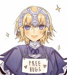  1girl :d bangs blonde_hair blue_eyes eyebrows_visible_through_hair fate/apocrypha fate_(series) free_hugs hair_between_eyes headpiece jeanne_d&#039;arc_(fate) jeanne_d&#039;arc_(fate)_(all) looking_at_viewer open_mouth short_hair simple_background sketch smile solo white_background yukari_(bryleluansing) 