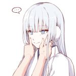  ... 1girl blue_eyes commentary_request earmuffs eyebrows_visible_through_hair forced_smile hands_on_another&#039;s_face japanese_clothes long_hair original silver_hair simple_background speech_bubble sweatdrop upper_body white_background yagi_(ningen) yuki_onna yukimi_(yagi) 