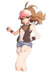  1girl ankea_(a-ramo-do) baseball_cap blue_eyes blue_shorts brown_hair closed_mouth cropped_legs denim denim_shorts hand_in_pocket hat high_ponytail highres holding holding_poke_ball long_hair looking_at_viewer poke_ball poke_ball_print pokemon pokemon_(game) pokemon_bw print_headwear shiny shiny_hair shirt short_shorts shorts simple_background sleeveless sleeveless_shirt smile solo torn_clothes torn_shorts touko_(pokemon) white_background white_headwear white_shirt wristband 