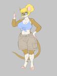  2020 3:4 anthro bandage belly big_breasts blonde_hair blue_eyes bottomwear breasts cargo_shorts cleavage clothed clothing digitigrade eyewear female freckles gesture glasses hair hair_bun hi_res lurking_tyger mammal maple_woods midriff mouse murid murine navel rodent shirt shorts simple_background solo spots thick_thighs thumbs_up tied_shirt topwear whiskers white_belly wide_hips 