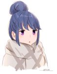  1girl blue_hair coat dated hair_bun horikou jitome looking_at_viewer parted_lips purple_eyes shima_rin signature simple_background solo upper_body white_background yurucamp 