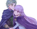  1boy 1girl bangs blue_dress blush cape closed_mouth couple dress fire_emblem fire_emblem:_the_binding_blade floating_hair green_eyes green_hair hair_intakes hand_on_another&#039;s_shoulder holding_hands long_hair long_sleeves purple_cape purple_eyes purple_hair raigh_(fire_emblem) shiny shiny_hair simple_background sophia_(fire_emblem) standing very_long_hair white_background wspread 