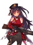  1girl bangs bare_shoulders black_gloves black_hair black_headwear black_pants blush breasts brown_eyes detached_sleeves dress eyebrows_visible_through_hair girls_frontline gloves gun hair_ribbon hat highres holding holding_gun holding_weapon lewis_(girls_frontline) lewis_gun long_hair machine_gun medal one_side_up pants red_dress ribbon simple_background smile solo soukou_makura weapon white_background 