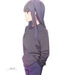  1girl black_sweater blue_hair character_request check_character closed_mouth cowboy_shot dated denim from_side hair_down hands_in_pockets horikou jeans long_hair long_sleeves pants profile purple_eyes purple_pants shima_rin signature simple_background smile solo sweater white_background yurucamp 