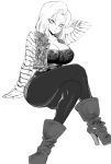  1girl absurdres android_18 ankle_boots belt boots breasts cleavage crossed_legs dragon_ball dragon_ball_z earrings eyes_visible_through_hair greyscale hand_up high_heel_boots high_heels highres huge_breasts invisible_chair jacket jewelry long_sleeves looking_at_viewer medium_hair miniskirt monochrome pantyhose parted_lips rye_(hyn_uka) shirt simple_background sitting skirt sleeveless sleeveless_jacket solo striped_sleeves white_background 