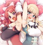  2girls absurdres akino_(princess_connect!) arm_up armpits bangs black_bow blonde_hair blunt_bangs blush bow breasts dress elf green_dress hair_bow highres large_breasts long_hair looking_at_viewer multiple_girls open_mouth pointy_ears ponytail presenting_armpit princess_connect! princess_connect!_re:dive purple_hair red_dress red_eyes saren_(princess_connect!) sian sidelocks smile sparkle spread_armpit 