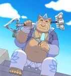  absurd_res anthro asian_clothing belly blue_hair bottomwear brown_body brown_fur clothed clothing east_asian_clothing facial_hair footwear fur gouryou hair harushipanda hi_res jewelry kemono male mammal mohawk_(hairstyle) moobs navel necklace nipples open_shirt overweight overweight_anthro overweight_male pants sandals shirt sideburns sitting solo suid suina sus_(pig) tokyo_afterschool_summoners topwear tusks video_games wild_boar 