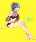  1girl barefoot bikini black_bikini blue_eyes blue_hair breasts byleth_(fire_emblem) byleth_(fire_emblem)_(female) character_name cleavage closed_mouth earrings fire_emblem fire_emblem:_three_houses flower full_body hair_flower hair_ornament jewelry mizuno_(iori-amu) see-through simple_background solo swimsuit yellow_background 