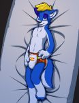  2017 anthro bed blankieplush blue_body blue_eyes blue_fur canid canine canis chest_tuft diaper dragon_ball dragon_ball_z fur furniture hi_res looking_at_viewer lying male mammal navel on_back on_bed solo tongue tongue_out touching_diaper tuft white_body white_fur wolf 