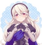  1girl bangs black_gloves black_hairband blue_background blue_cape breastplate cape closed_mouth corrin_(fire_emblem) corrin_(fire_emblem)_(female) eyebrows_visible_through_hair fire_emblem fire_emblem_fates gloves hair_between_eyes hairband head_tilt hiyori_(rindou66) long_hair looking_at_viewer polka_dot polka_dot_background red_eyes silver_hair smile solo standing upper_body very_long_hair white_background 