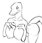  anthro big_breasts breasts claws female looking_at_viewer monochrome scalie simple_background solo yamagah 