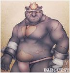  2020 anthro asian_clothing barguest_(tas) belly clothing east_asian_clothing fundoshi hi_res humanoid_hands japanese_clothing male mammal mono_(artist) moobs nipples one_eye_closed overweight overweight_anthro overweight_male scar solo text tokyo_afterschool_summoners underwear ursid video_games wink 