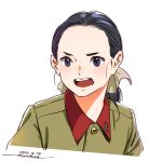  1girl black_hair blush bow character_request dated girls_und_panzer green_jacket hair_bow highres horikou jacket long_hair military military_uniform open_mouth purple_eyes signature simple_background solo uniform upper_body white_background 