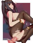  1girl anal aurahack bangs black_hair blunt_bangs blush bracelet breasts brown_legwear commission disembodied_penis eyebrows_visible_through_hair fire_emblem fire_emblem_awakening hetero highres huge_breasts jewelry lips penis purple_eyes pussy pussy_juice raised_eyebrow sagging_breasts sex sideboob solo_focus testicles tharja_(fire_emblem) thigh_strap tiara torn_bodystocking two_side_up uncensored veins veiny_penis 