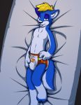  2017 anthro bed blankieplush blue_body blue_eyes blue_fur bodily_fluids bulge canid canine canis chest_tuft cum cum_in_diaper diaper dragon_ball dragon_ball_z fur furniture genital_fluids hi_res looking_at_viewer lying male mammal navel on_back on_bed solo tongue tongue_out touching_diaper tuft white_body white_fur wolf 
