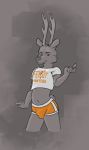  absurd_res anthro antlers boblios bottomwear bulge cervid clothing femboy_hooters hi_res horn looking_at_viewer male mammal pose shirt shorts simple_background smile smirk solo standing topwear 