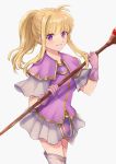  1girl bangs blonde_hair boots clarine_(fire_emblem) closed_mouth collarbone eyebrows_visible_through_hair fire_emblem fire_emblem:_the_binding_blade floating_hair gloves grey_capelet grey_footwear grey_skirt highres holding holding_staff layered_capelet long_hair looking_at_viewer miniskirt pink_gloves pleated_skirt ponytail purple_capelet purple_eyes purple_shirt shiny shiny_hair shirt sidelocks simple_background skirt smile solo staff standing thigh_boots thighhighs white_background wspread 