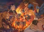  2boys 4girls abs alanaan anila_(granblue_fantasy) backless_outfit bare_back bird black_gloves black_hair blonde_hair campfire capelet closed_eyes cloud commentary_request cooking crossed_legs cup dark_skin dark_skinned_male djeeta_(granblue_fantasy) dog draph earrings english_text erune eyepatch facial_hair fire food fur_trim gloves goatee granblue_fantasy hair_ornament highres holding holding_cup horns jewelry kiriyama2109 long_hair long_sleeves lumberjack_(granblue_fantasy) lying meat monster mountain mouth_drool multiple_boys multiple_girls night open_mouth outdoors owl pot reinhardtzar ring sheep_horns shoebill short_hair shoulder_armor sign signature sitting sleeping spaulders sweatdrop teeth tent twintails wariza white_gloves white_hair zeta_(granblue_fantasy) 